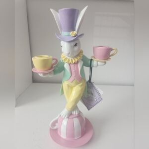 Tophat & Toil Easter Bunny Candle Holder Candelabra Tea Cups Pastel Colors 12 In